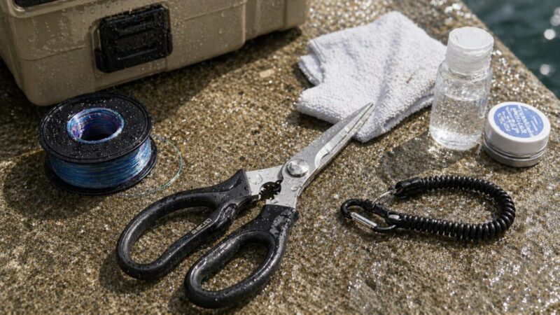 釣り用ハサミと拭き取りクロス、メンテナンス用品を並べて、海で使った後の手入れをイメージした写真