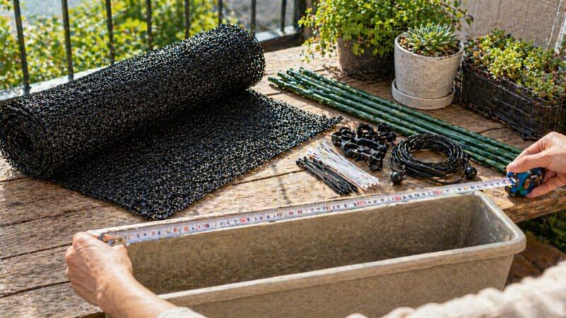 プランターの幅を測りながら遮光ネットのサイズを確認している様子