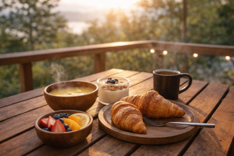 朝日が差し込むデッキで楽しむ軽やかなグランピング朝食。