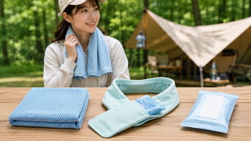 水なしで使える接触冷感タオルと保冷剤ポケット付きネックタオル、使い捨て冷タオルの比較