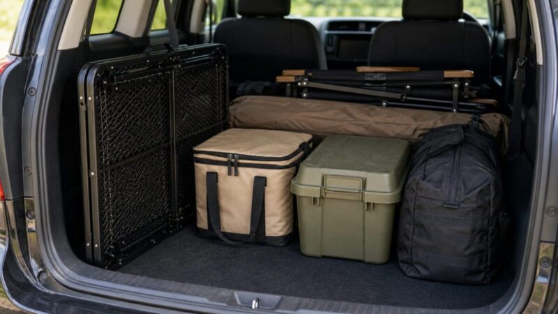 車中泊の荷室に積みやすい折りたたみメッシュテーブル