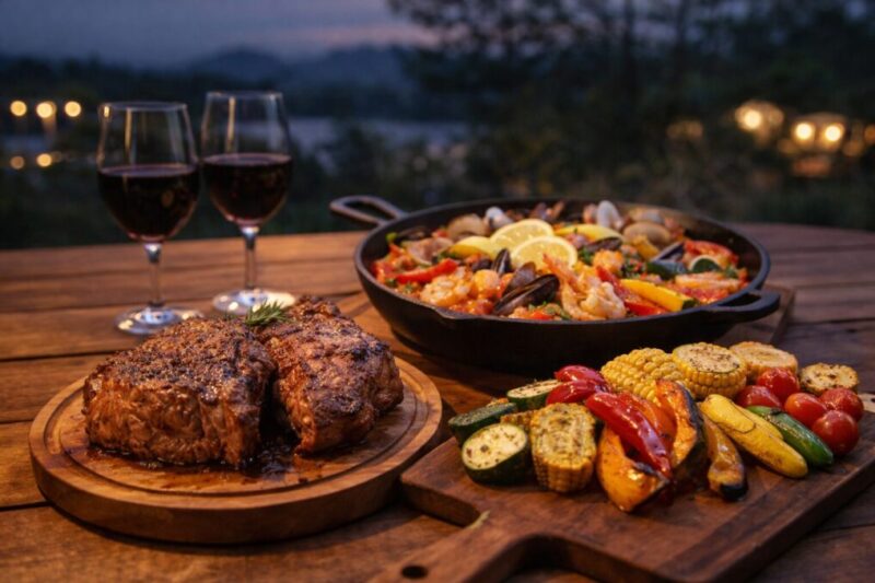 グランピングの夕食向けに満足感のある肉料理と魚介料理を並べた食卓。