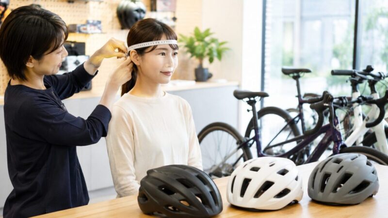 自転車ヘルメットを選ぶために店頭で頭囲を測定する女性