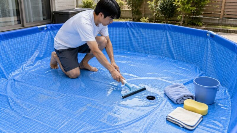 プール底に残った水をスクイージーで排水口側へ集める様子