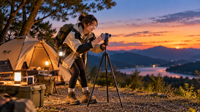 夕暮れのソロキャンプでスマホ三脚を調整して撮影する女性