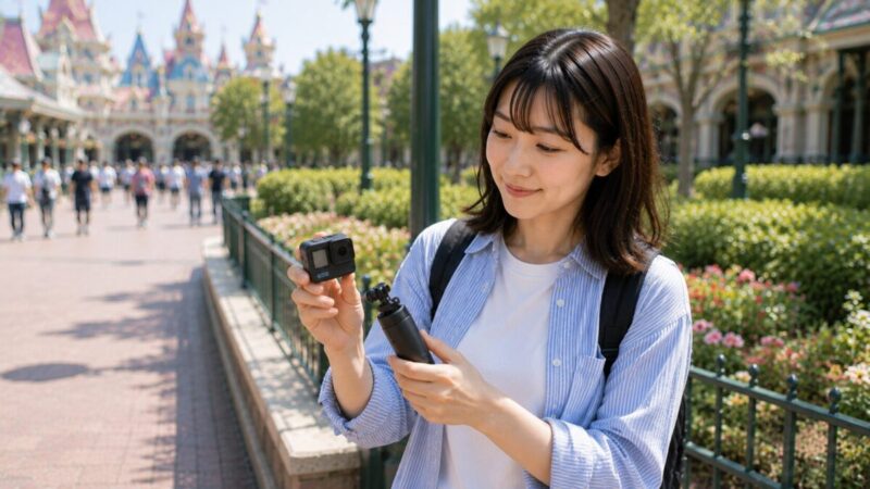 テーマパークの通路脇で、小型アクションカメラと短い手持ちグリップを手に持つ女性