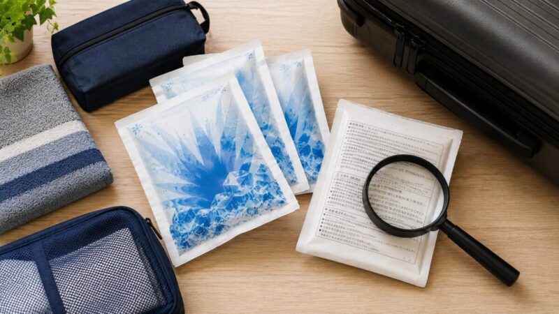 瞬間冷却パックの包装状態と成分表示を確認して旅行の荷物へ準備する様子