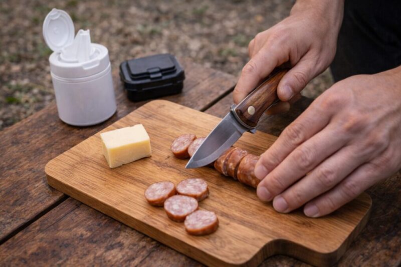 キャンプのテーブルで、折りたたみナイフを使ってソーセージを切り分け、横に衛生用品を置いている調理の手元イメージ