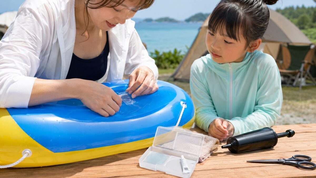 海辺のキャンプ場で、浮き輪に透明な補修パッチを貼って修理している親子の様子。