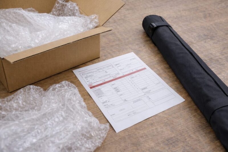 釣竿の宅配査定や返却確認をイメージした梱包準備の様子