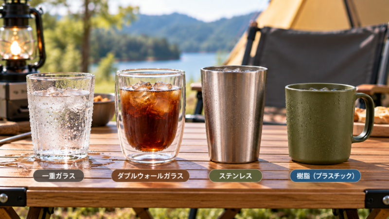一重ガラス、ダブルウォールグラス、ステンレス、樹脂製カップをキャンプテーブルで比較した様子