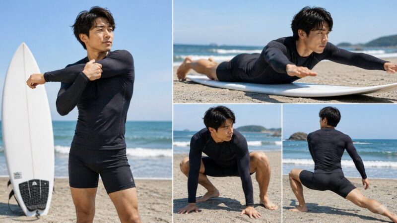 薄手インナーを着て肩と股関節の動きやすさを確認するサーファー