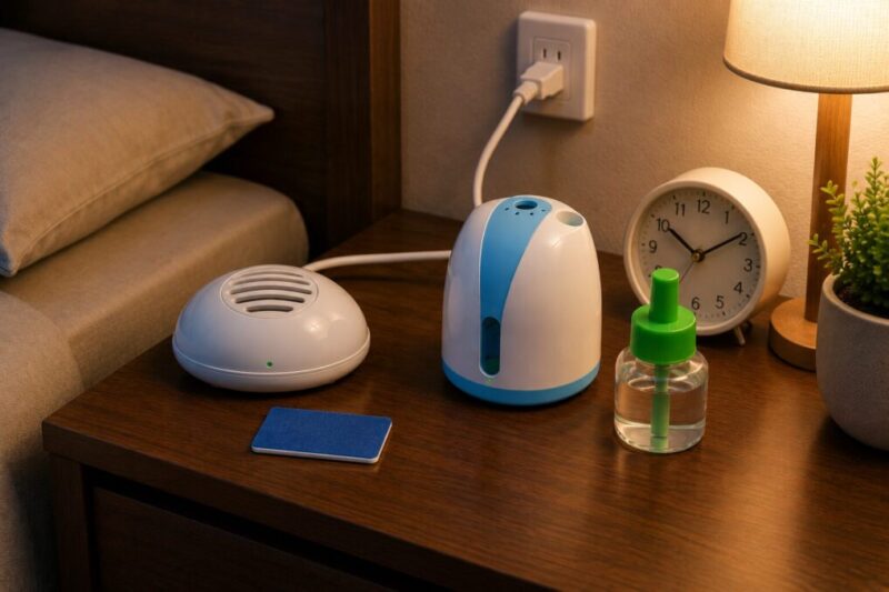 寝室でマット式とリキッド式の電気蚊取り器を並べて違いを確認する様子