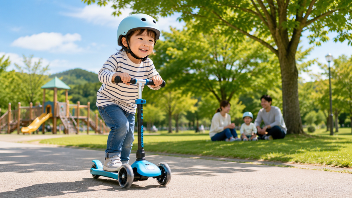 公園で3輪キックスクーターに乗るヘルメット姿の子ども