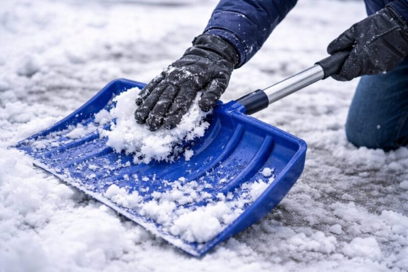 濡れた雪を払ってブレード面を整えながら作業を続ける手元