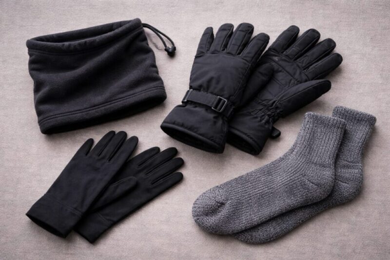首・手・足の冷えを防ぐために、防寒小物をまとめて準備するイメージ