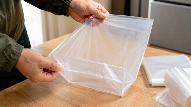 半透明ゴミ袋を広げて底のマチや素材の厚みを確認している様子