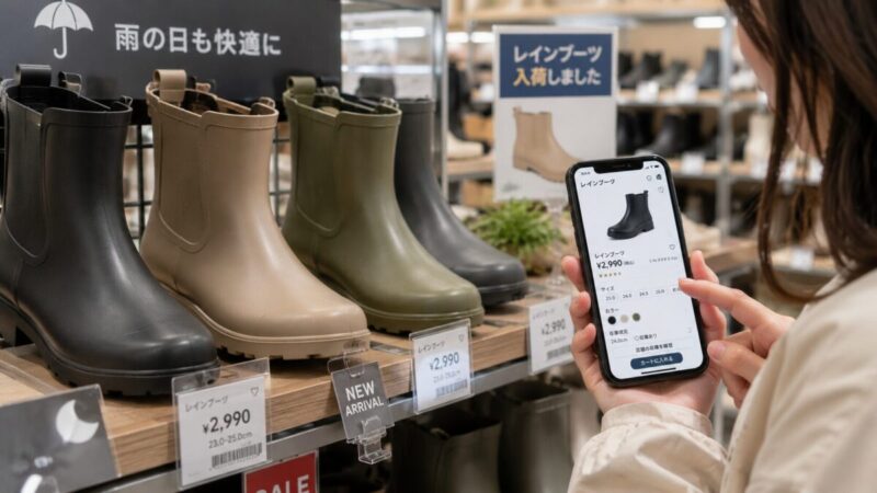 レインブーツが並ぶ靴売り場で、スマートフォンを見ながら商品を比較する女性。