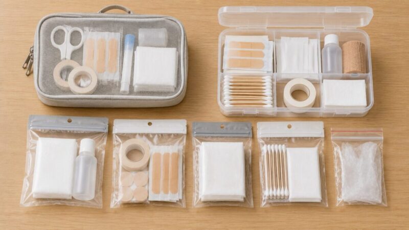 救急用品をメッシュポーチ、透明ケース、小分け袋に整理して収納した様子