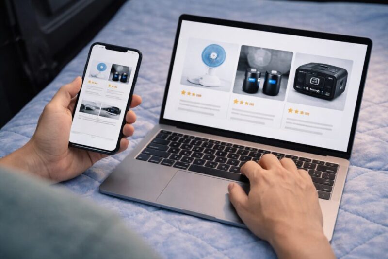 車中泊の暑さ対策用品を比較しながら選んでいるイメージ。