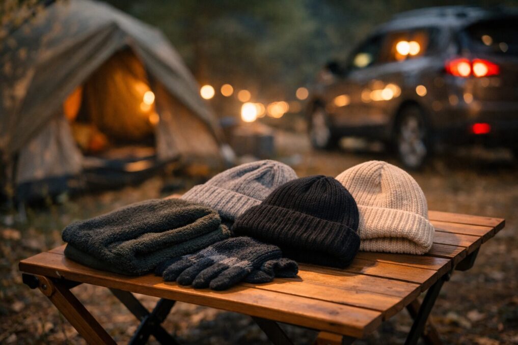 キャンプ場の木製テーブルにニット帽と手袋、ネックウォーマーを並べた防寒準備のイメージ