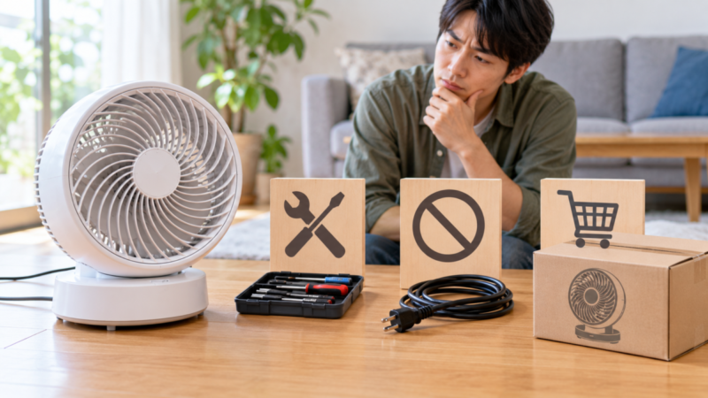 羽が回らないサーキュレーターを修理するか使用中止・買い替えするか検討する様子
