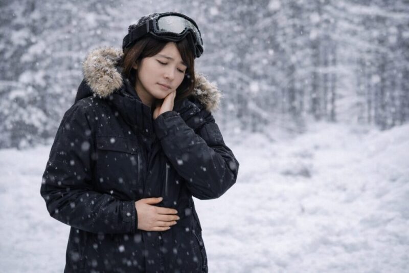 雪の中で首元の冷えを気にしながら防寒対策を考えるイメージ