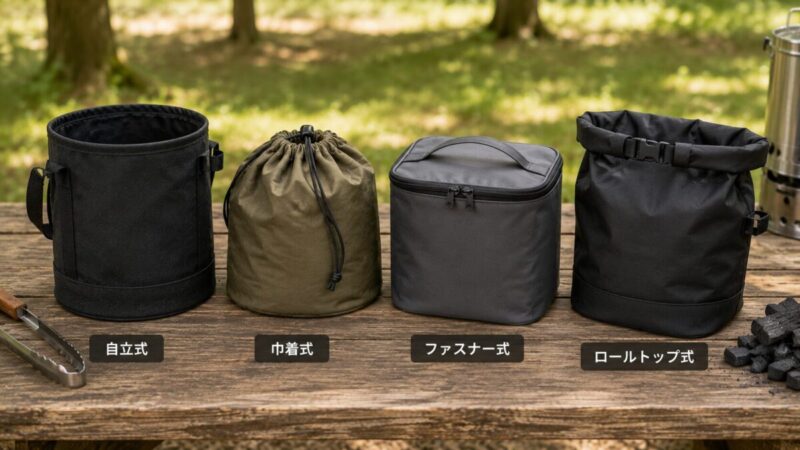 自立式・巾着式・ファスナー式・ロールトップ式の火消し袋を並べ、口の閉じ方や形状の違いを比較している写真。