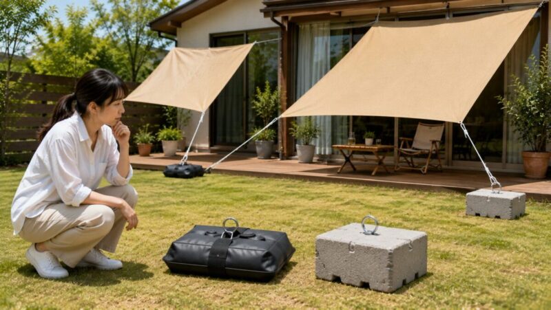 日除けシェードの大きさに合わせて注水式とコンクリート式の重りを比較する様子