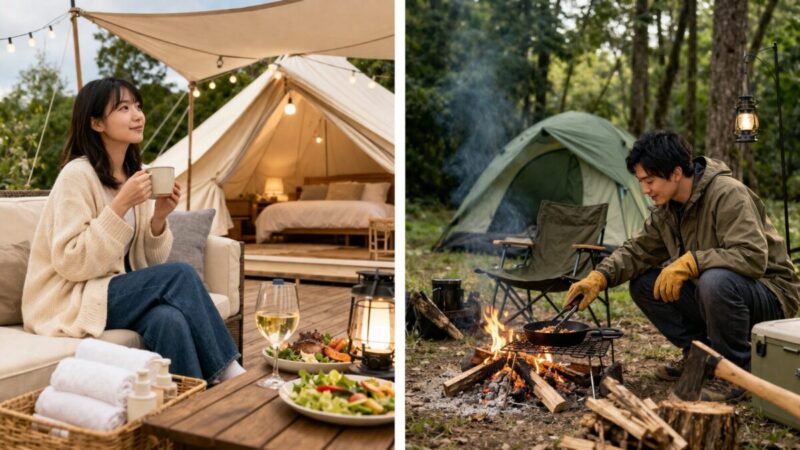 グランピングと通常キャンプの楽しみ方の違いを比較したイメージ