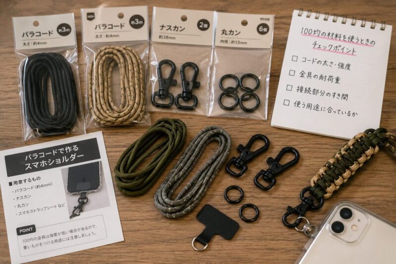 100均風材料でパラコードストラップを試作するイメージ