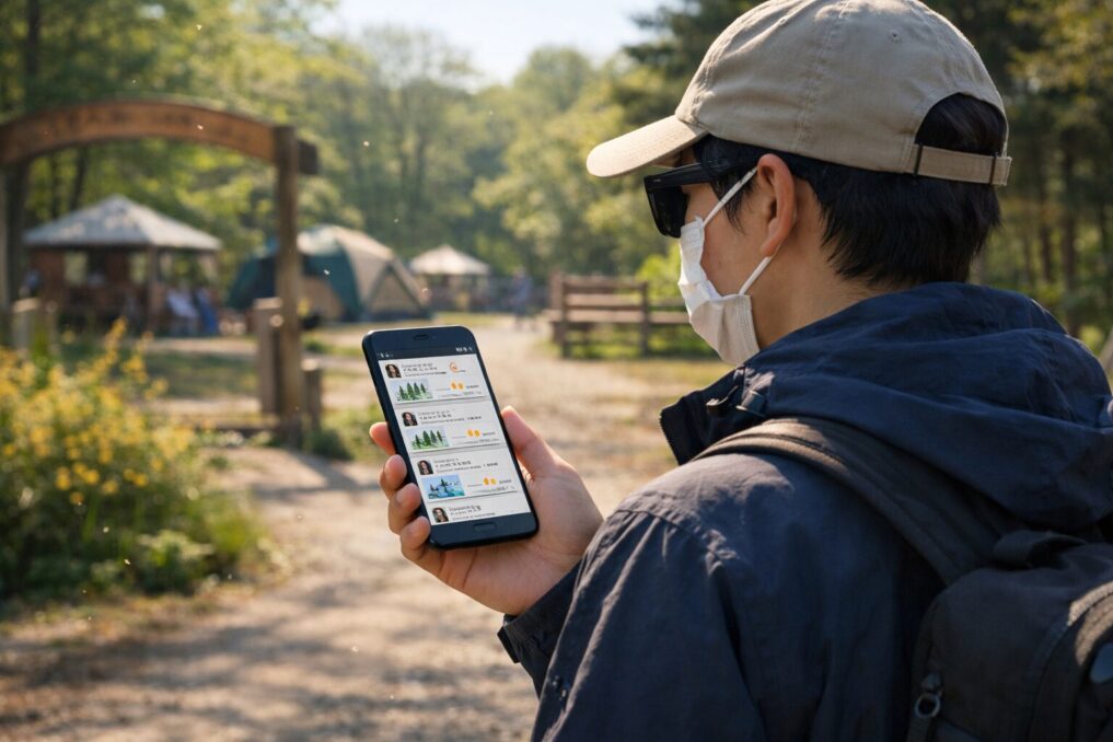 花粉のリアルタイム投稿を見て外遊び前に対策を確認するイメージ