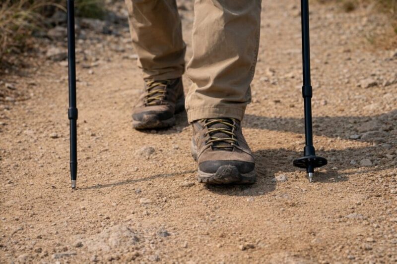 乾いた登山道でバスケットを外したトレッキングポールを使う様子