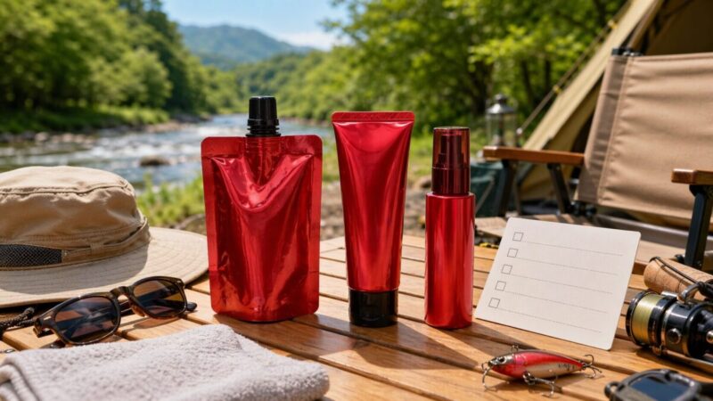 赤い日焼け止め風のパウチとチューブをキャンプテーブルで見比べる購入前チェックの様子