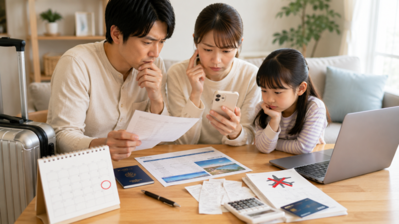 旅行キャンセル後に予約書類や領収書を確認しながら保険請求と返金を調べる家族