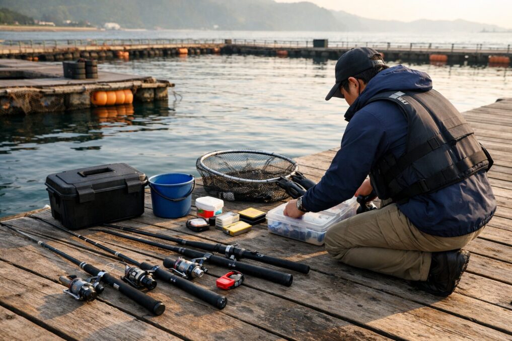 海上釣堀で初心者向けのタックル一式を桟橋に並べて比較している様子