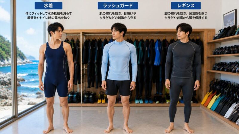 ウェットスーツの下に着る水着・長袖ラッシュガード・スイムレギンスの比較