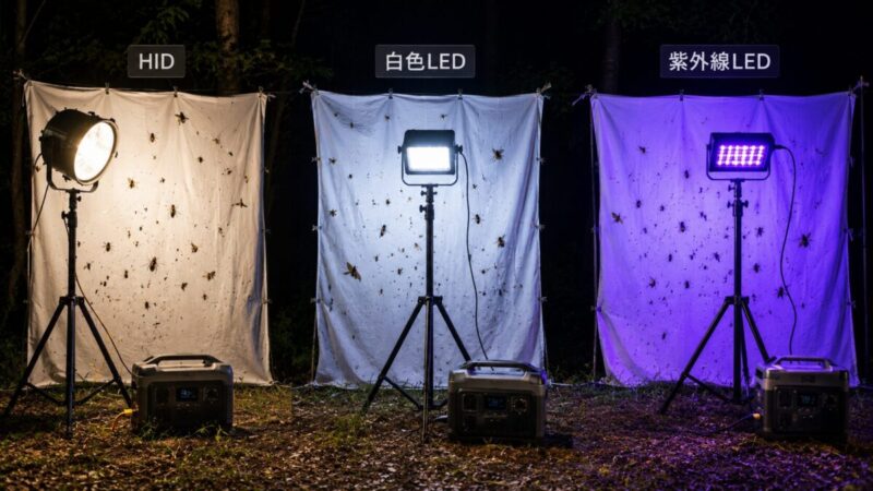 昆虫採集に使うHID・白色LED・紫外線LEDを白布への照射状態で比較したライトトラップ