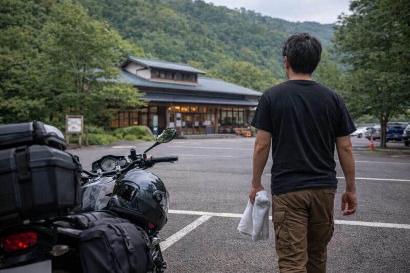 キャンプ撤収後に温泉で体を休めてから帰る流れが伝わる風景