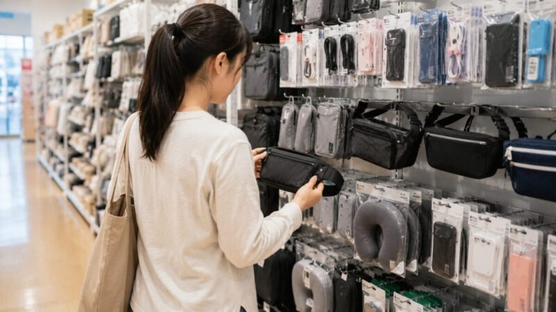 店舗のバッグ用品やスマホ用品売り場でポーチを探す様子