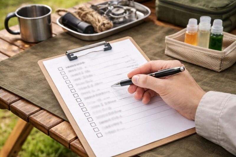 チェック表を見ながら、必要な小物を順番に確認している手元のイメージ