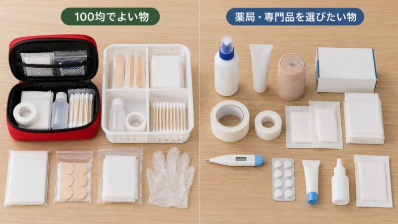救急ポーチの基本用品と薬局でそろえるケア用品を左右に分けて並べた様子