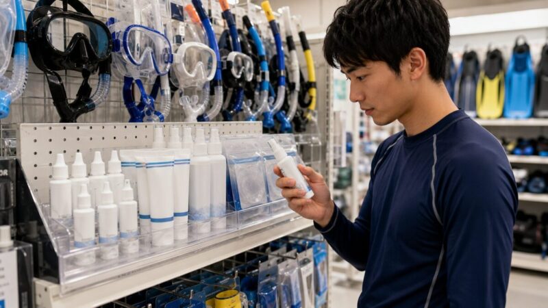 マリン用品店でシュノーケリングマスク用の曇り止めを選ぶ男性