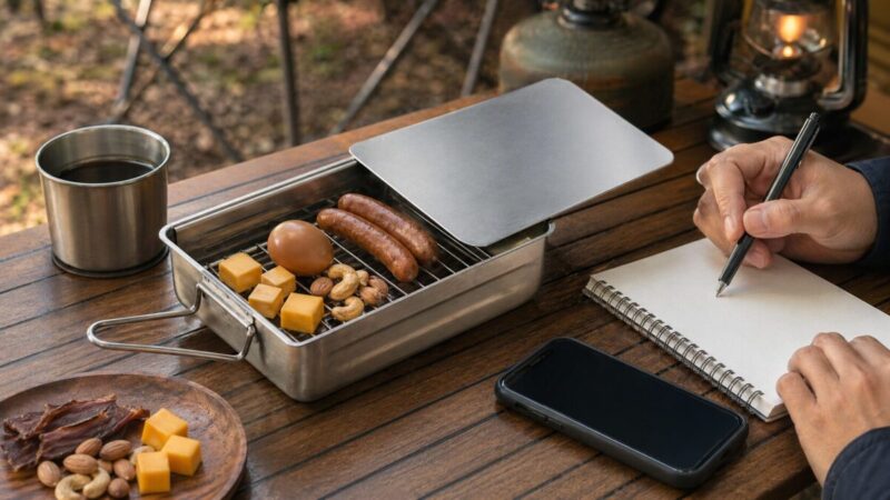 ミニスモーカーの使い心地を確認しながら燻製食材やメモを並べたレビュー風の様子