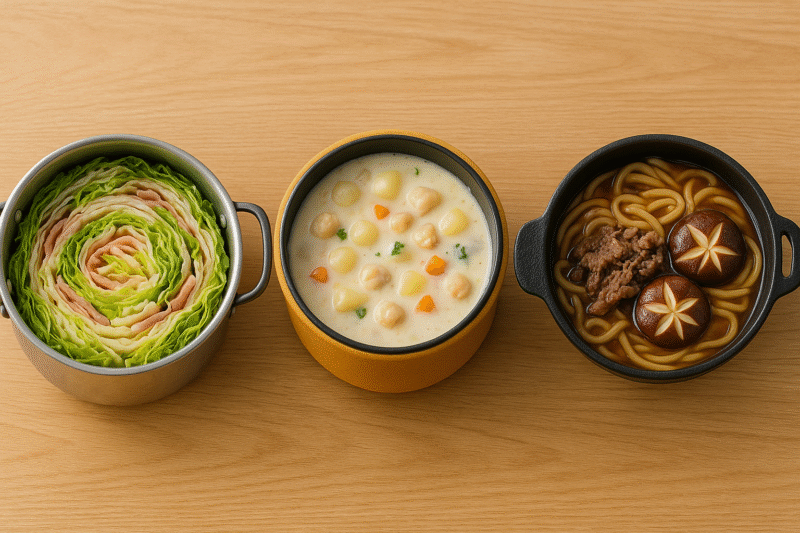豚バラ白菜のミルフィーユ鍋 クラムチャウダー すき焼き風煮込みうどん この3品の写真