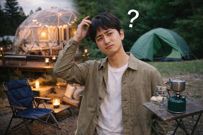 グランピングの豪華な設備と通常のキャンプ道具を見比べながら悩む人物