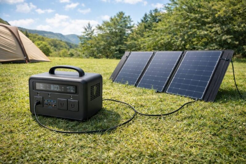 晴天のキャンプ場でソーラーパネルから充電するイメージ