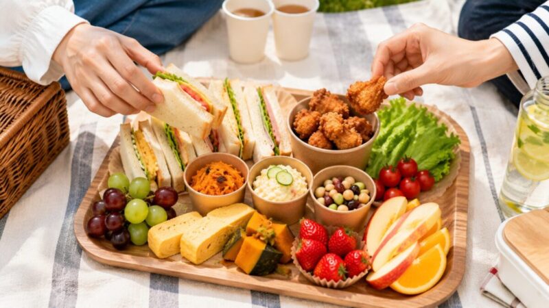 木製トレーに並べたサンドイッチや唐揚げ、野菜、フルーツを二人で取り分けるピクニックランチ