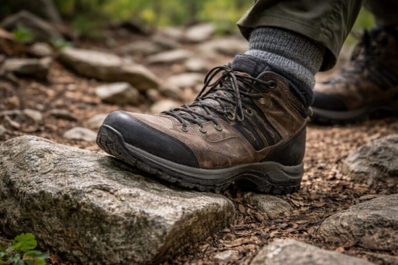 登山道で厚手の靴下と登山靴を履いた足元が写る、クッション感を感じる写真