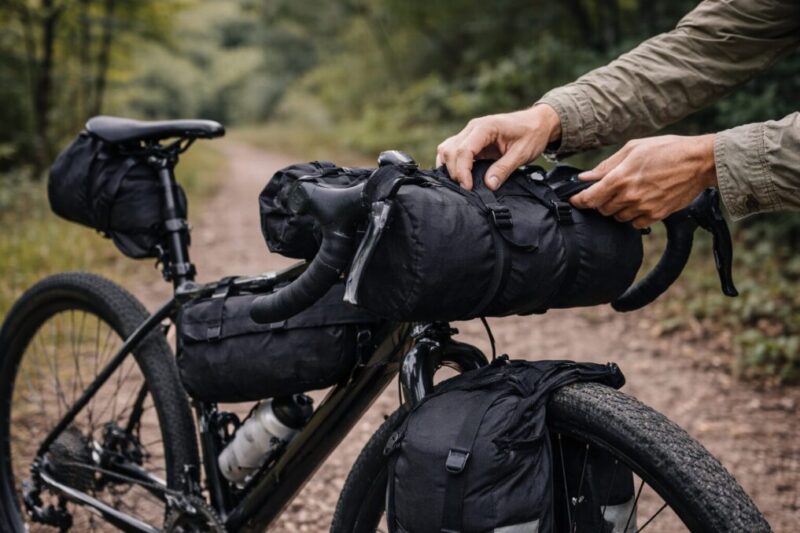 ）：バイクパッキングで荷物を分散し固定を見直すイメージ